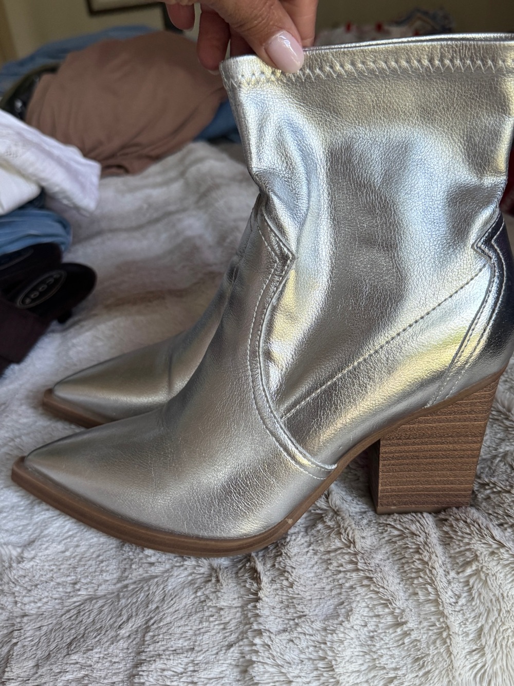 Silver Metallic Pointed-Toe Ankle Boots - Women - Picture 5 of 7